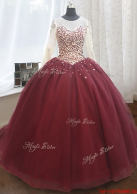 Elegant See Through Scoop Brush Train Quinceanera Dress with Long Sleeves