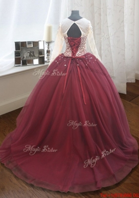 Elegant See Through Scoop Brush Train Quinceanera Dress with Long Sleeves