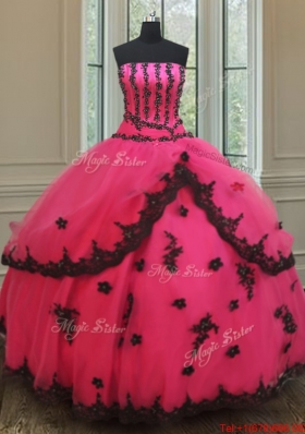 Exquisite Strapless Black and Hot Pink Quinceanera Dress with Appliques