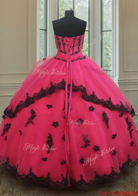 Exquisite Strapless Black and Hot Pink Quinceanera Dress with Appliques