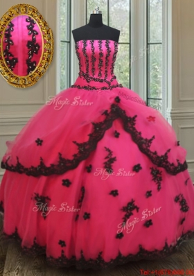 Exquisite Strapless Black and Hot Pink Quinceanera Dress with Appliques