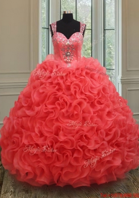 Hot Sale See Through Back Coral Red Sweet 15 Dress in Rolling Flowers