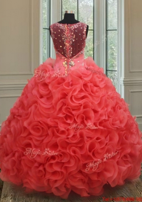 Hot Sale See Through Back Coral Red Sweet 15 Dress in Rolling Flowers