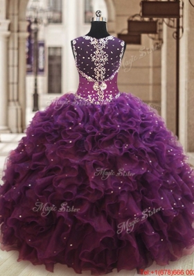 Lovely See Through Back Straps Zipper Up Dark Purple Quinceanera Dress