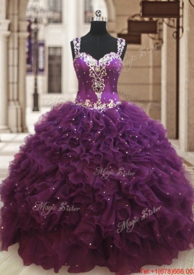Lovely See Through Back Straps Zipper Up Dark Purple Quinceanera Dress