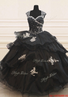 Lovely See Through Back Wide Straps Beaded Applique Black Quinceanera Dress