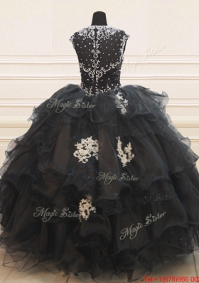 Lovely See Through Back Wide Straps Beaded Applique Black Quinceanera Dress