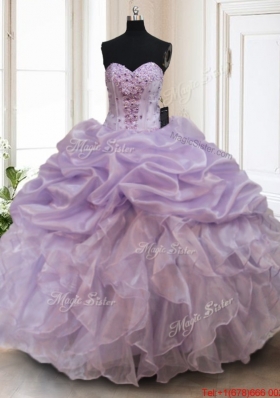 Luxurious Organza Lavender Sweet 16 Dress with Bubbles and Ruffles