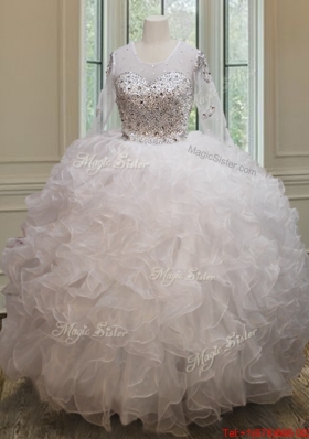 Pretty See Through Scoop Long Sleeves Quinceanera Dress with Brush Train