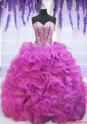 Sweet Visible Boning Beaded Bodice Ruffled Quinceanera Dress with Brush Train