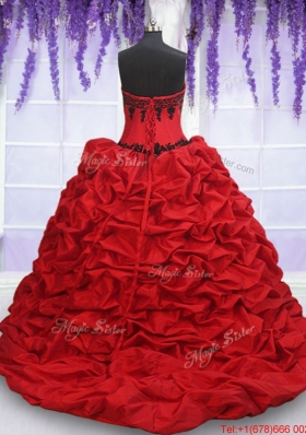 Top Seller Brush Train Red and Black Quinceanera Dress in Organza and Taffeta