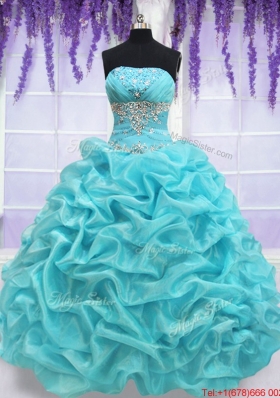 Top Seller Strapless Aquamarine Quinceanera Dress with Beading and Pick Ups