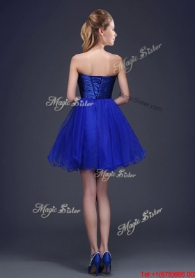 Beautiful Beaded Strapless Royal Blue Short Prom Dress in Organza