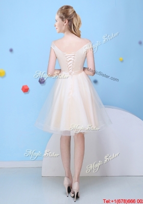 Elegant Champagne Deep V Neckline Bridesmaid Dress with Cap Sleeves