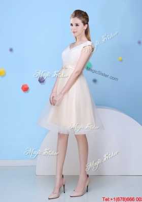 Elegant Champagne Deep V Neckline Bridesmaid Dress with Cap Sleeves