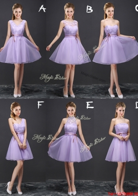 Lovely Belted and Laced V Neck Short Bridesmaid Dress in Lavender
