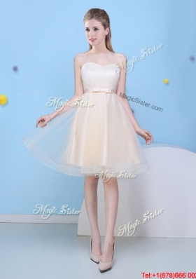 Low Price Champagne A Line Sweetheart Bridesmaid Dress with Bowknot