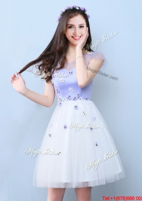 Luxurious Applique White and Lavender Short Bridesmaid Dress in Tulle