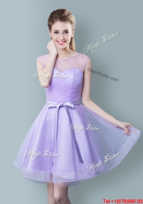 Modest Tulle Scoop Bowknot Short Bridesmaid Dress in Lavender