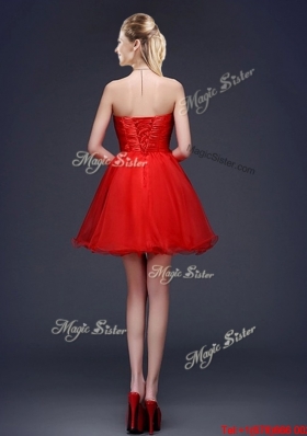 New Style Strapless Beaded and Ruched Short Prom Dress in Red