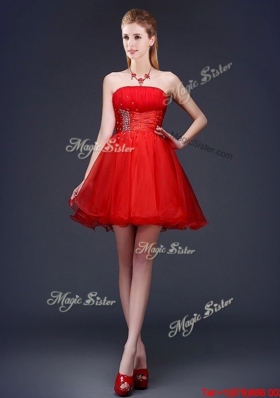 New Style Strapless Beaded and Ruched Short Prom Dress in Red