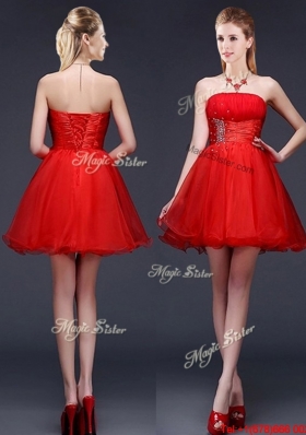 New Style Strapless Beaded and Ruched Short Prom Dress in Red