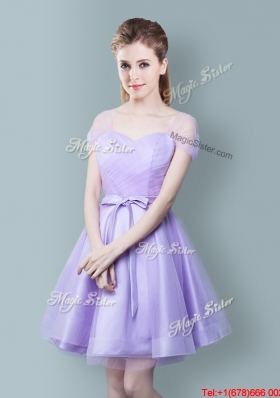 Romantic Lavender Short Bridesmaid Dress with Bowknot and Ruching