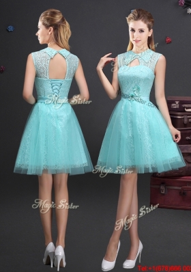 Cheap Applique and Belted Laced Prom Dress in Aquamarine