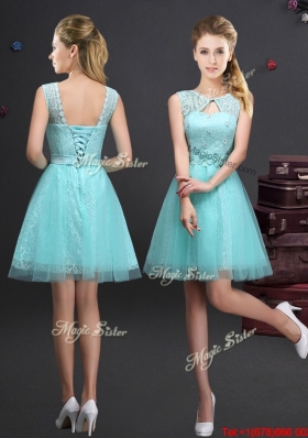 Cheap Applique and Belted Laced Prom Dress in Aquamarine