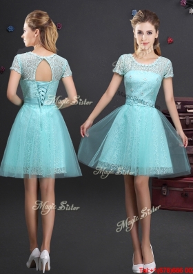 Cheap Applique and Belted Laced Prom Dress in Aquamarine