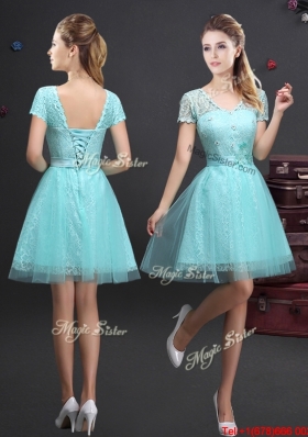 Cheap Applique and Belted Laced Prom Dress in Aquamarine