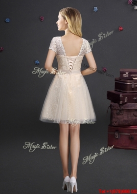 Classical Laced Tulle Champagne Prom Dress with Short Sleeves