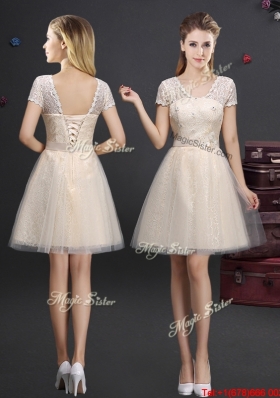 Classical Laced Tulle Champagne Prom Dress with Short Sleeves