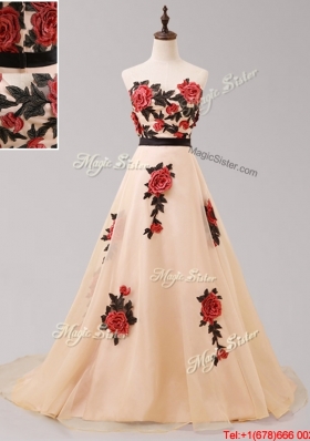 Elegant Brush Train Belted Prom Dress with Hand Made Flowers