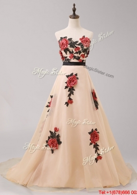 Elegant Brush Train Belted Prom Dress with Hand Made Flowers