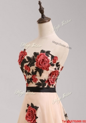 Elegant Brush Train Belted Prom Dress with Hand Made Flowers