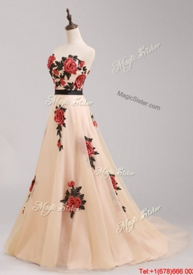 Elegant Brush Train Belted Prom Dress with Hand Made Flowers