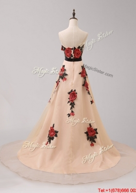 Elegant Brush Train Belted Prom Dress with Hand Made Flowers