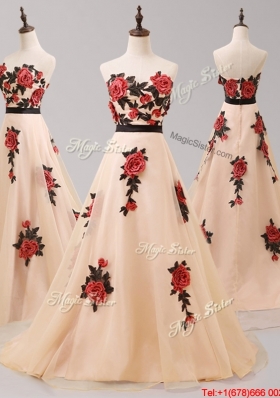 Elegant Brush Train Belted Prom Dress with Hand Made Flowers