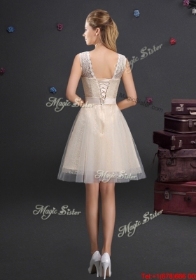 Exquisite Scoop Champagne Prom Dress with Appliques and Lace