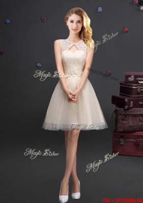 Exquisite Scoop Champagne Prom Dress with Appliques and Lace