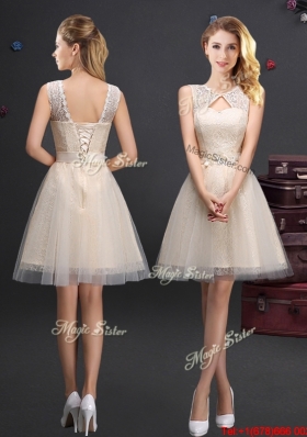 Exquisite Scoop Champagne Prom Dress with Appliques and Lace