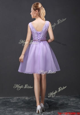 Fashionable Belted and Laced V Neck Short Prom Dress in Lavender