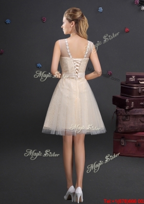 Hot Sale See Through Champagne Prom Dress with Applique Top