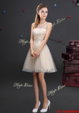 Hot Sale See Through Champagne Prom Dress with Applique Top