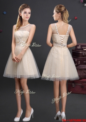 Hot Sale See Through Champagne Prom Dress with Applique Top
