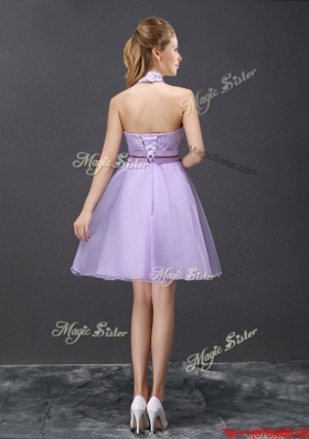 Modern See Through Belted Lavender Prom Dress with Halter Top