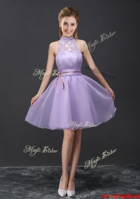 Modern See Through Belted Lavender Prom Dress with Halter Top