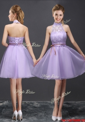 Modern See Through Belted Lavender Prom Dress with Halter Top