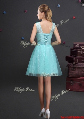 New Style Laced and Belted Aquamarine Prom Dress with Appliques